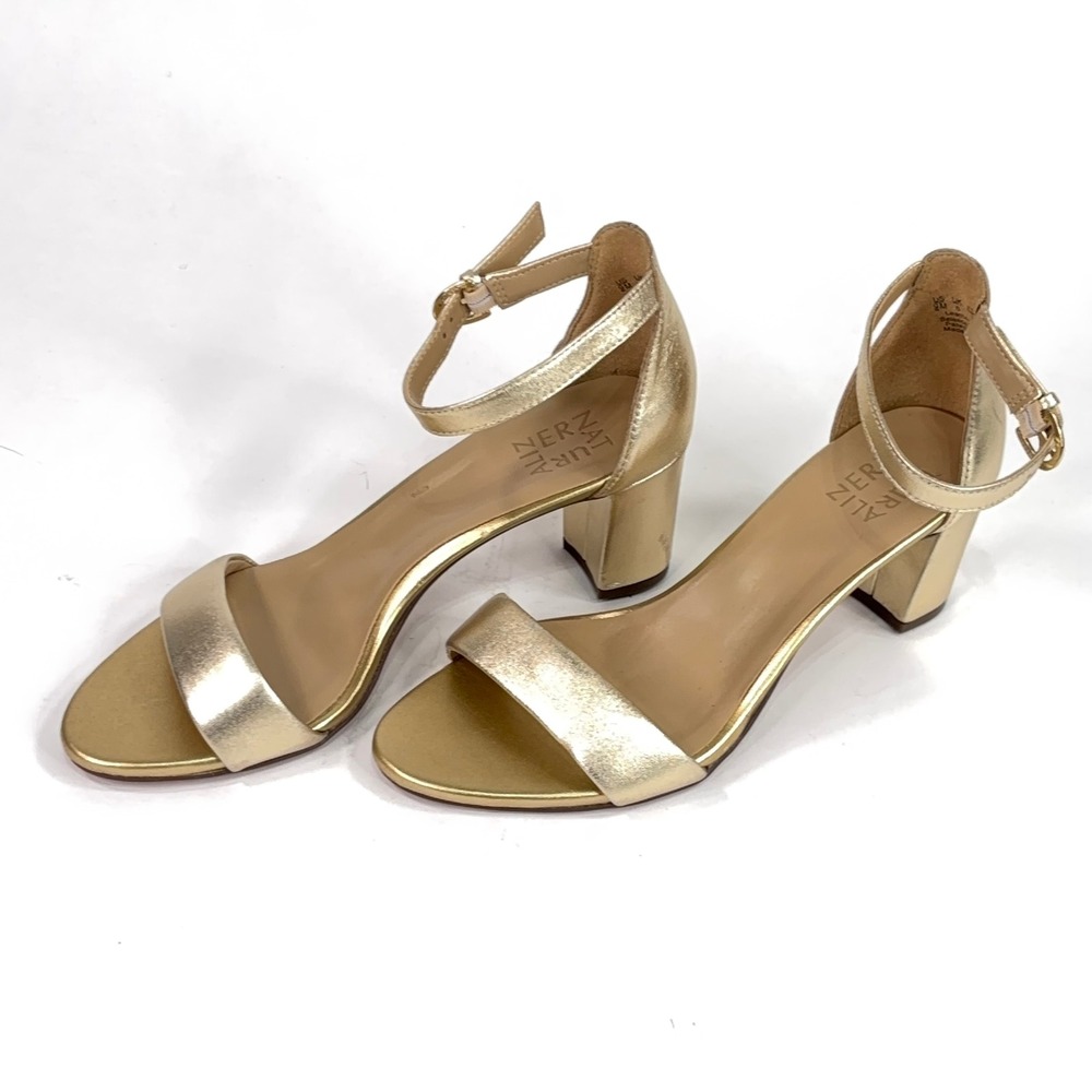Naturalizer Vera Gold Metallic Leather Ankle Strap Block Heel Sandals Womens 9M